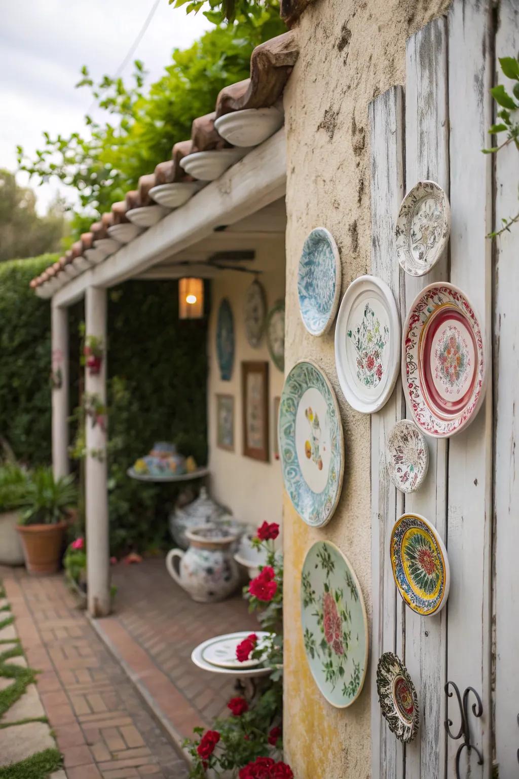 A refined ceramics arrangement enhances patio wall aesthetics.