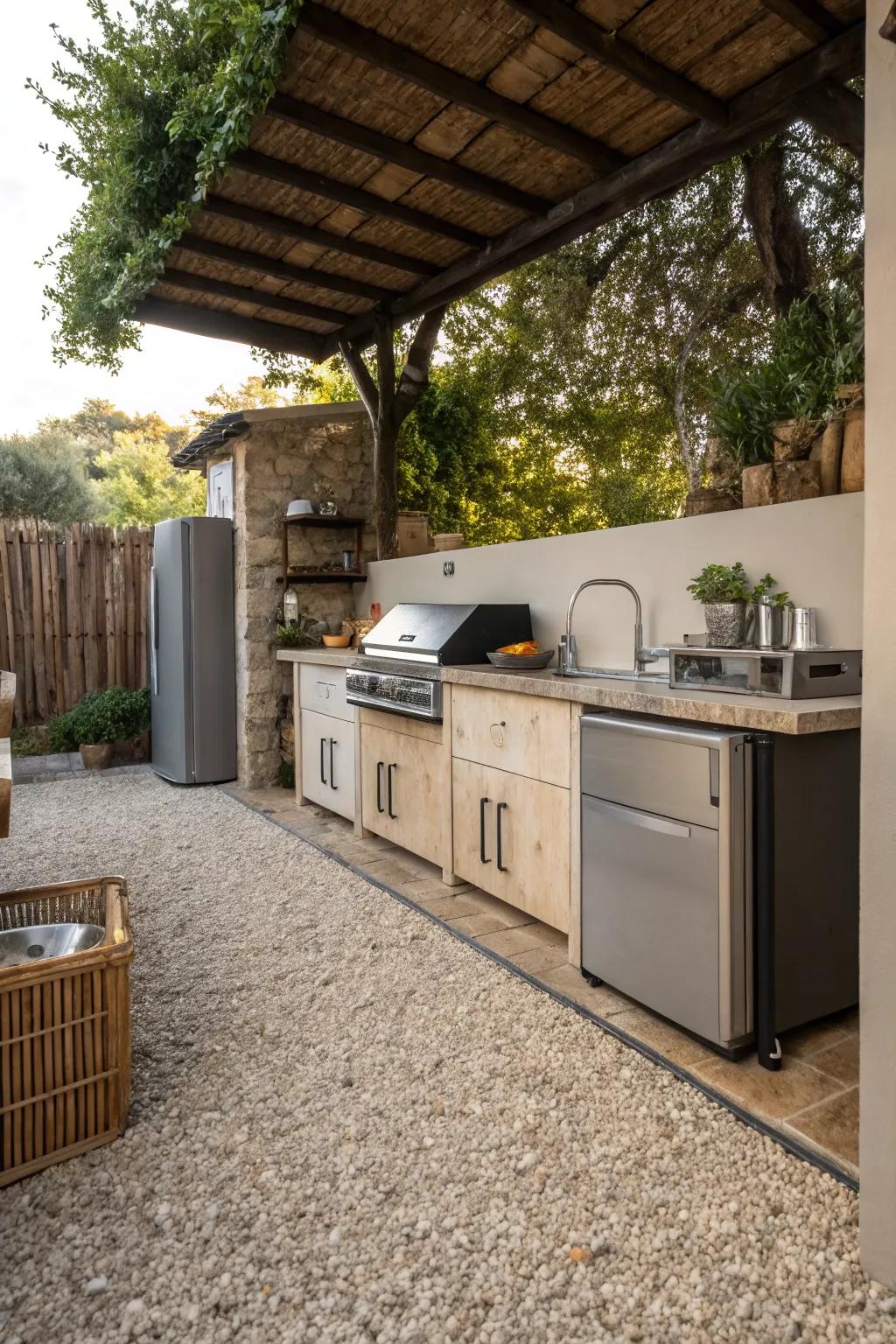 Cook in elegance with a pea gravel outdoor kitchen.