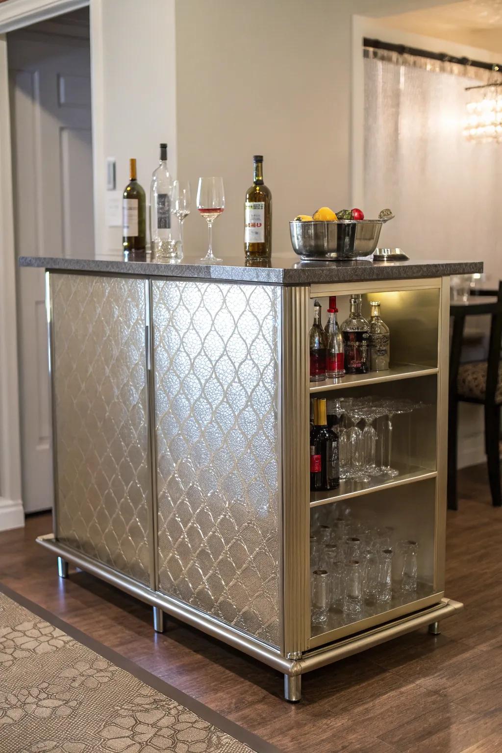 Provide your compact bar a modern upgrade using metallic wallpaper.