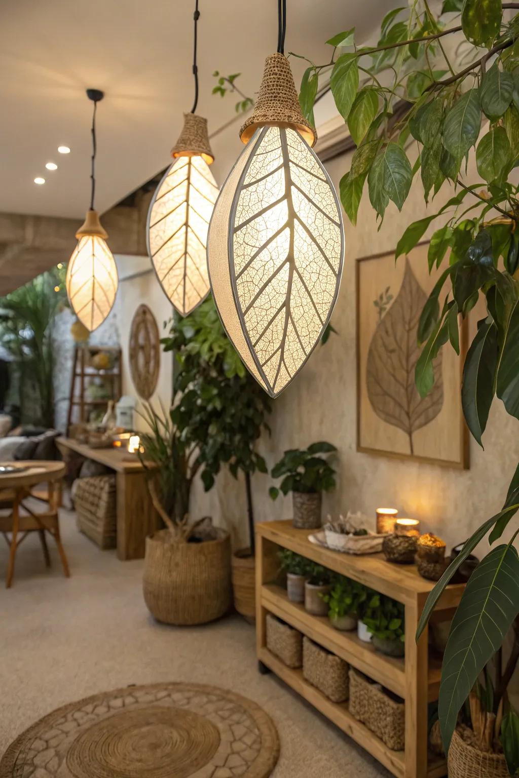 Pendants inspired by nature transpose the exterior milieu into the interior.