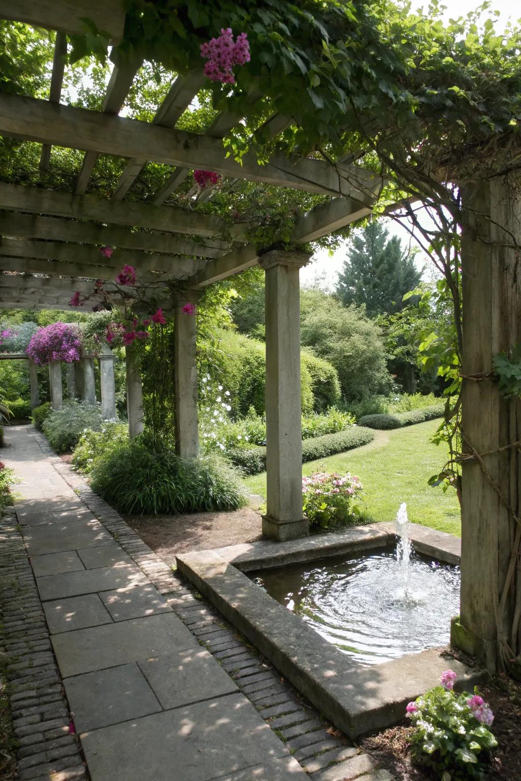 Water features augment serenity in shaded pergola locales.