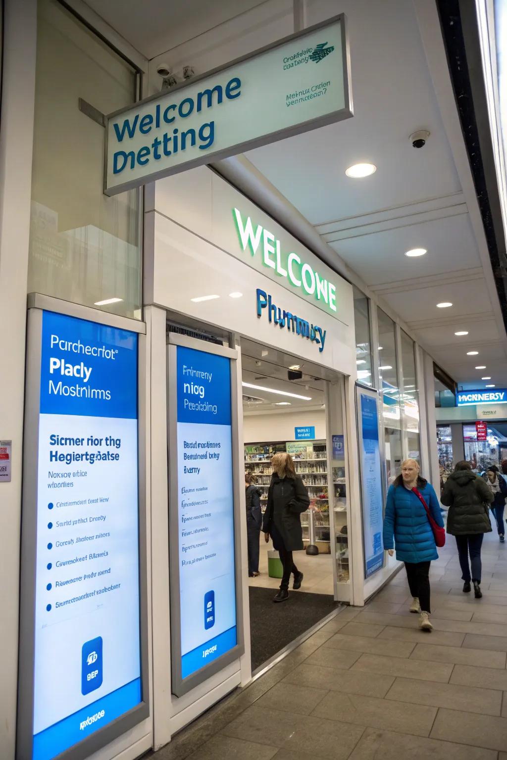 Digital screens welcoming pharmacy clients