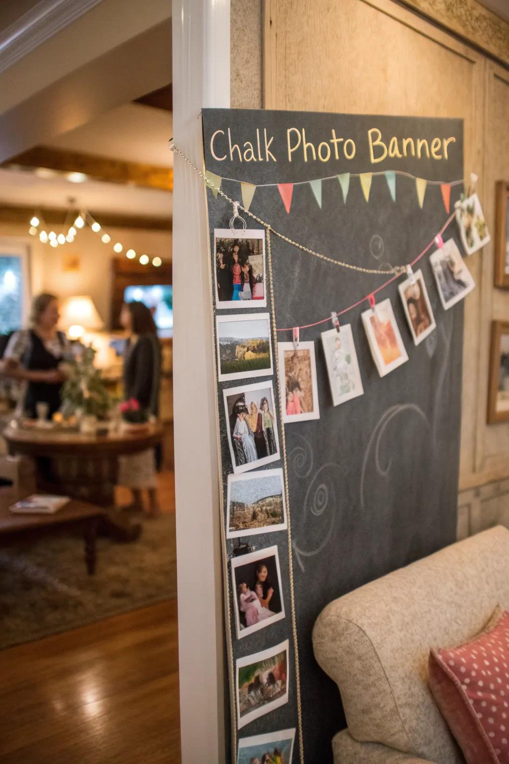 A chalkboard photo banner featuring personal handwritten notes.
