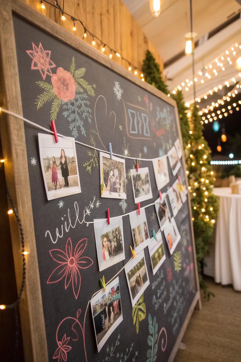 A chalkboard photographic display welcomes personal messages and appends amusement.