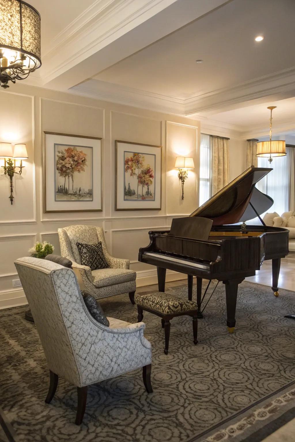 Accent chairs add style and functionality to the piano room.