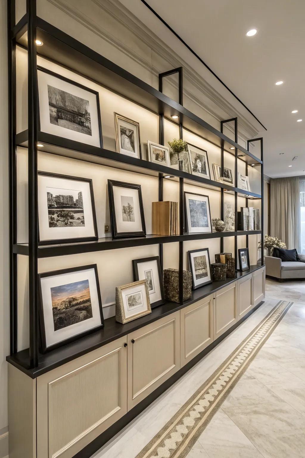Black and white themed picture ledges for elegance.