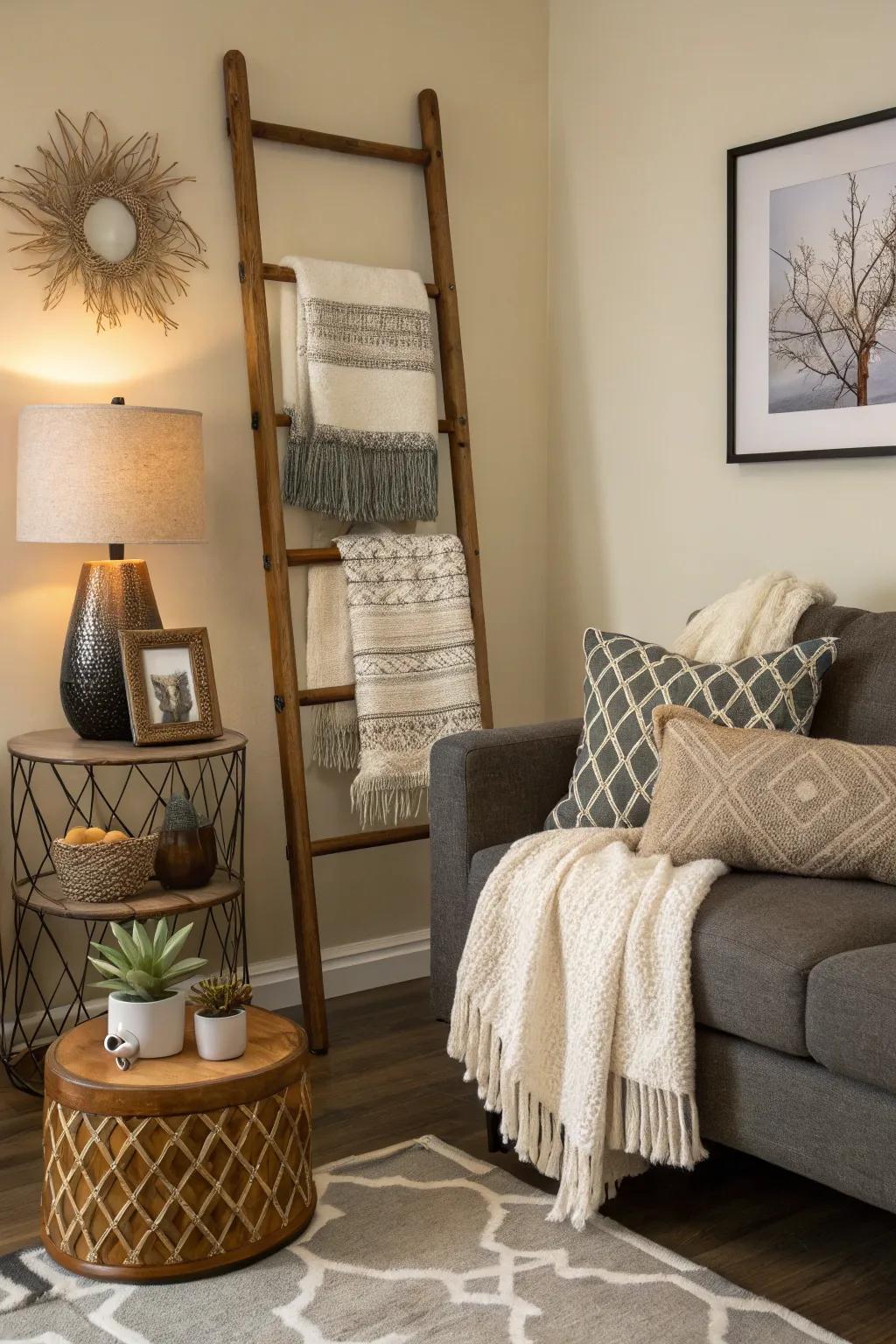 A decorative ladder used to display throws, adding style to the room.
