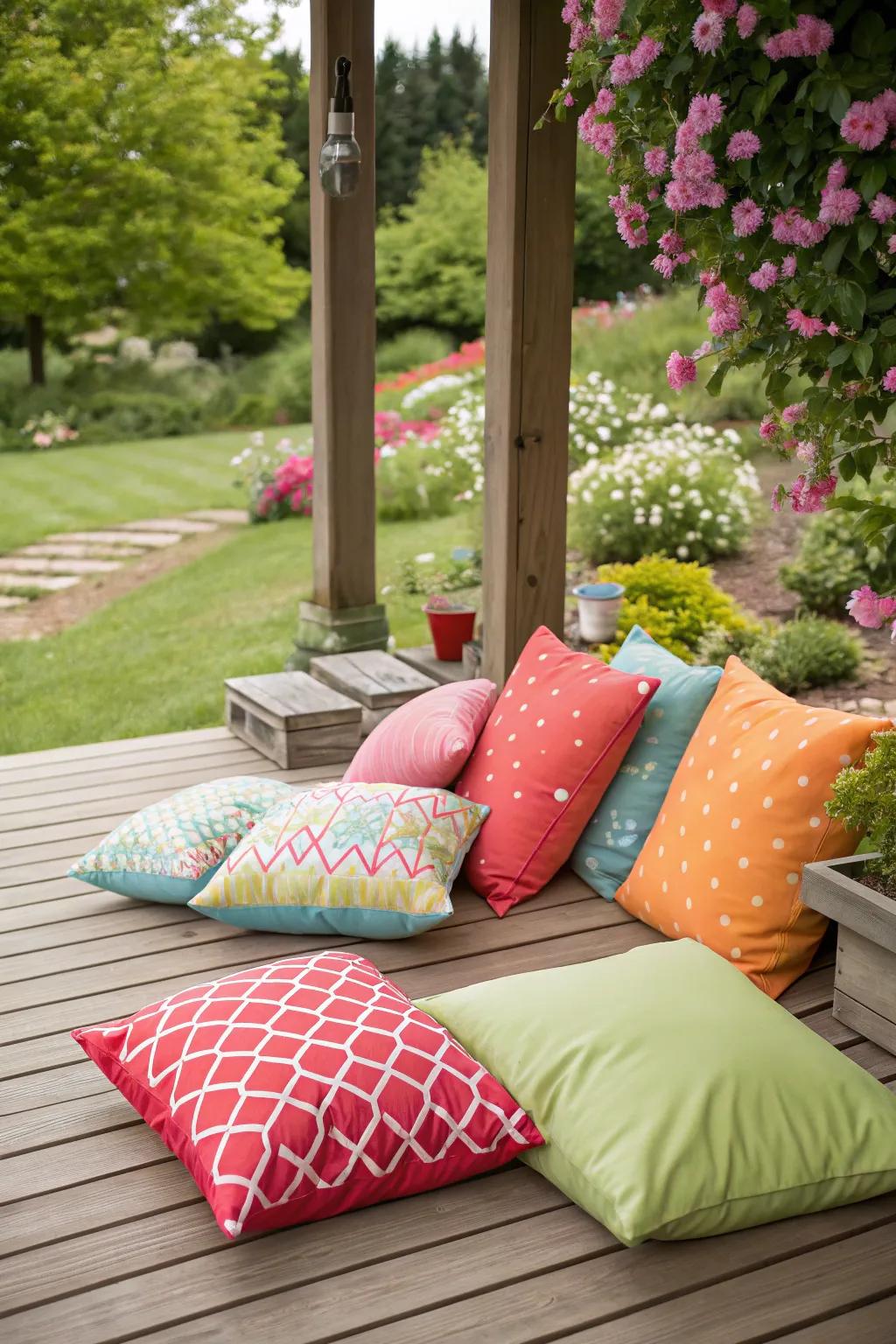 Vibrant outdoor pillows enhancing the patio's ambiance.