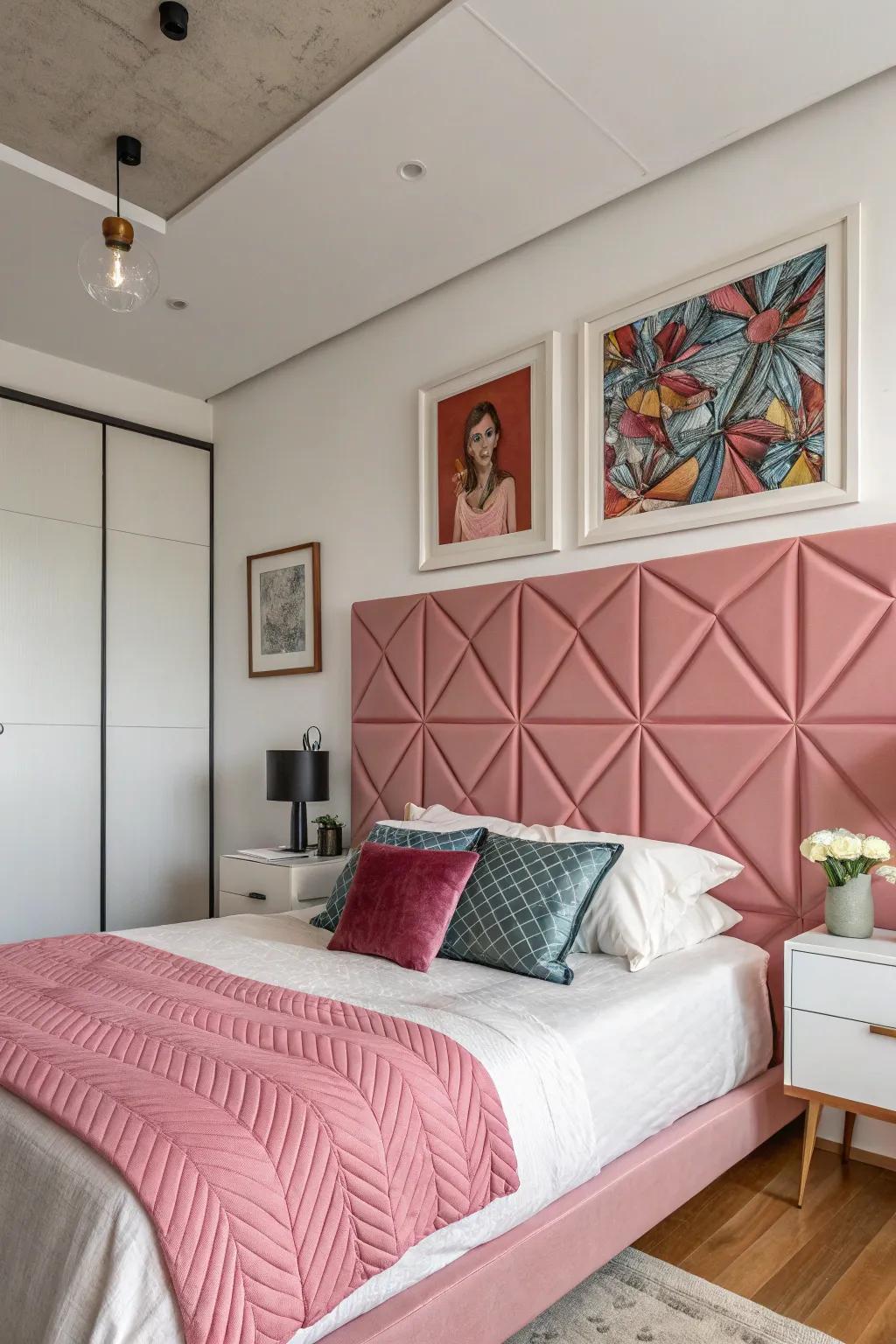 A contemporary and stylish space featuring a pink geometric headboard.