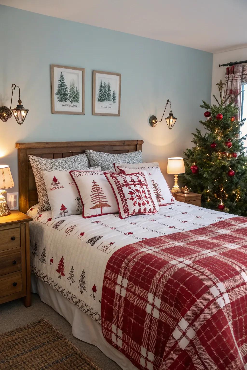 Rejuvenate your sleeping quarters using festive bedding for a cozy holiday retreat.