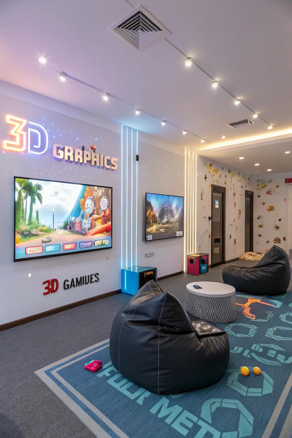A 3D graphics print creating a futuristic vibe within a playroom.
