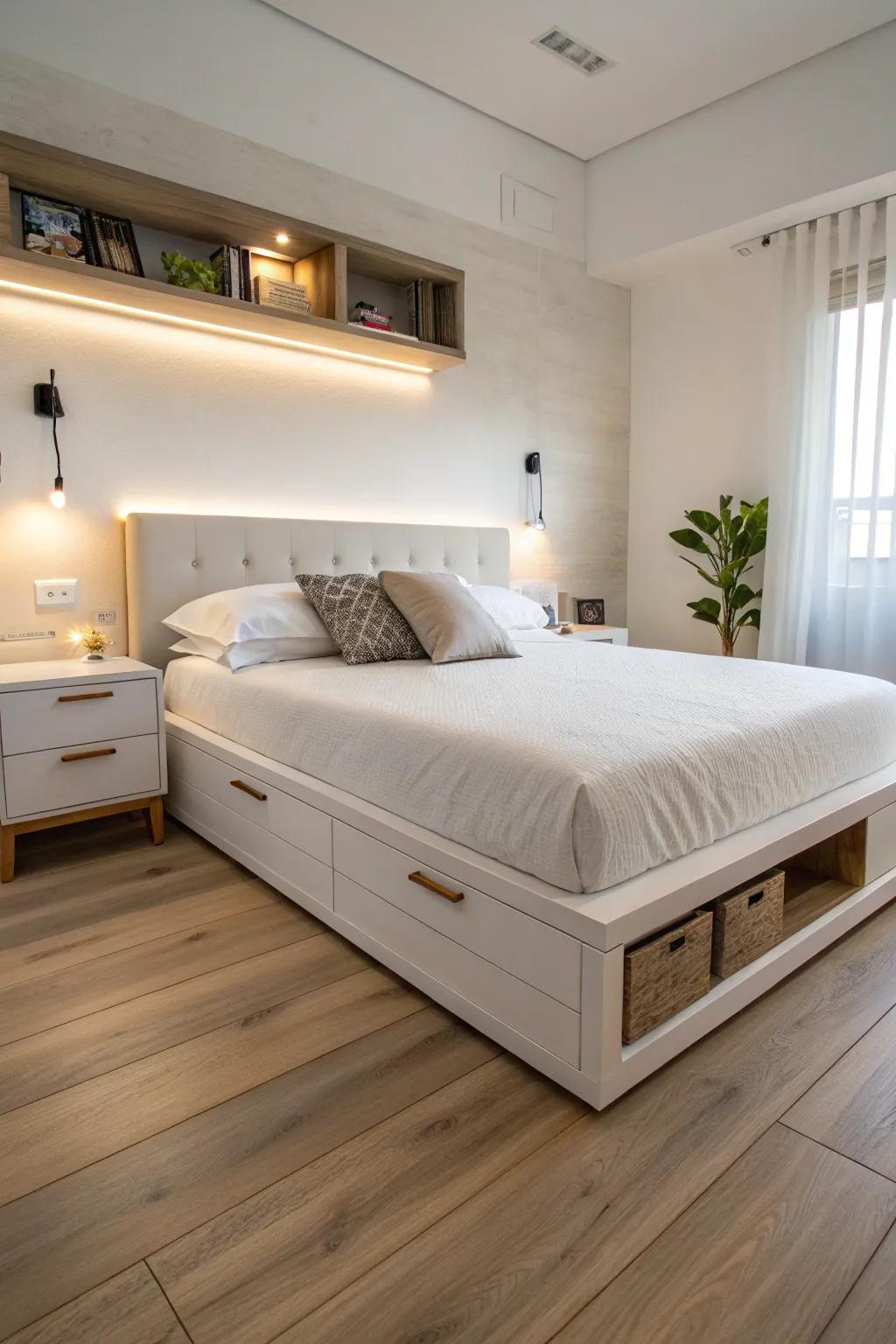 Built-in nightstands streamline bedroom arrangement.