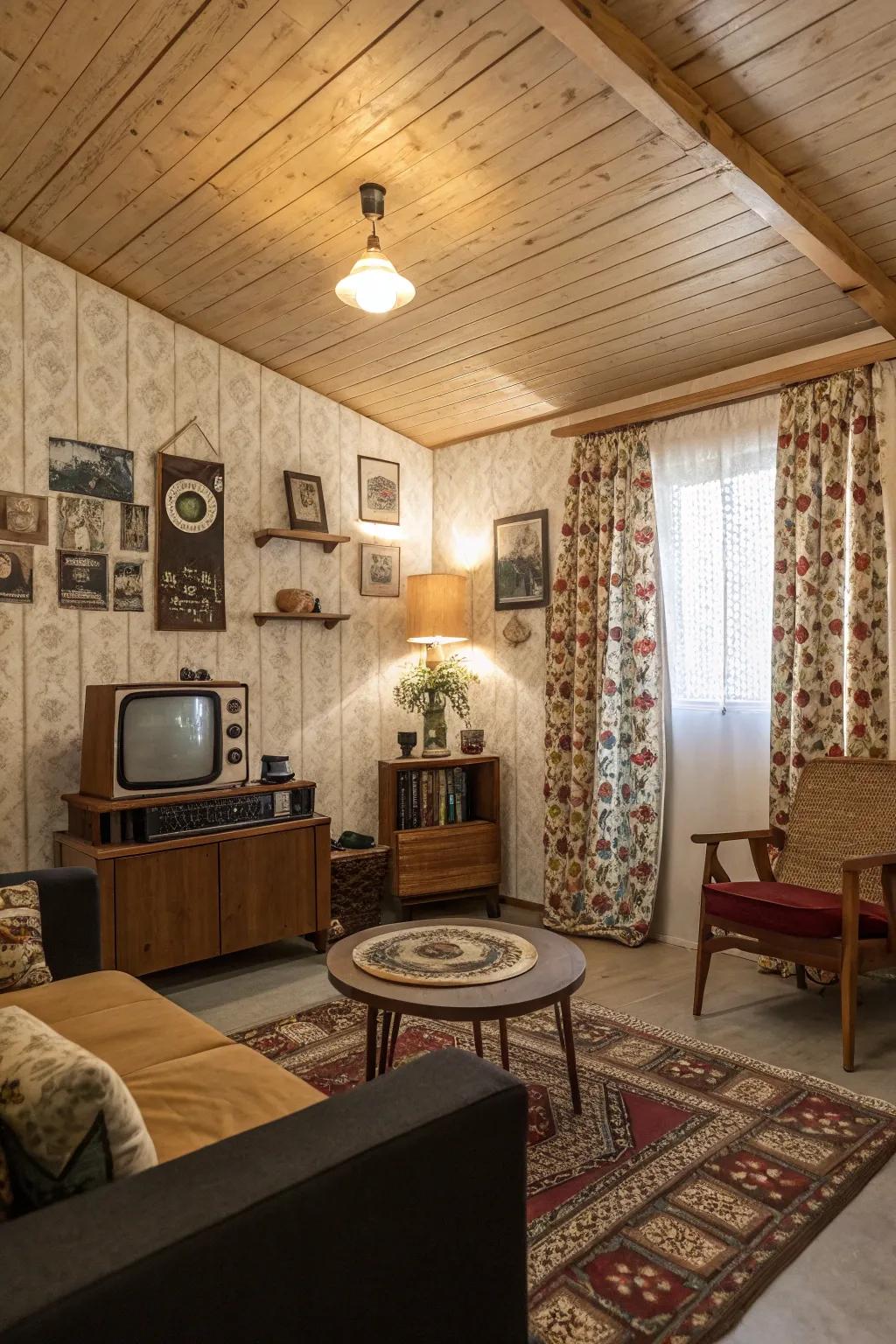 A retro inspired plywood roof that appends a nostalgic hint to the room.