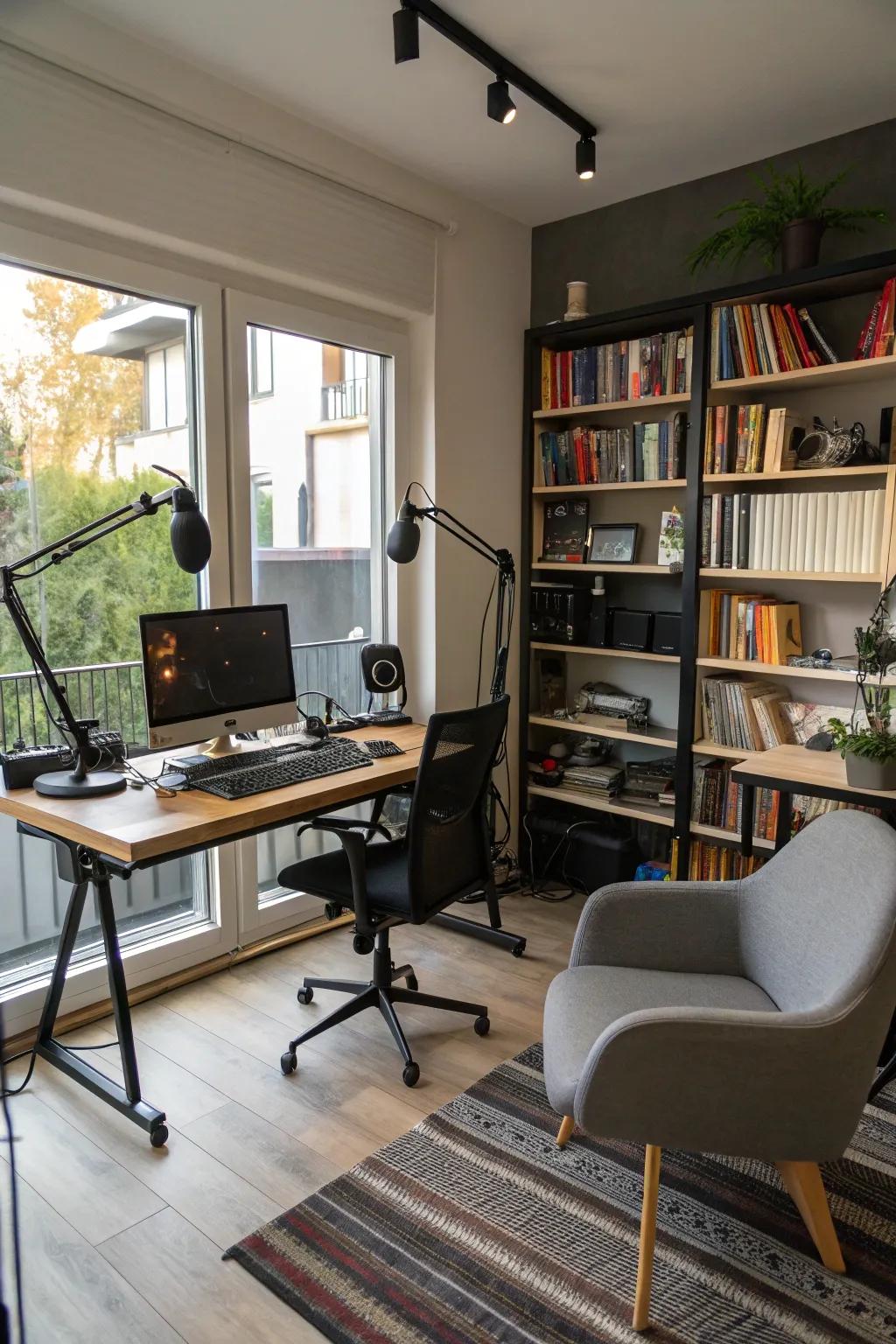 A multifunctional podcast and workspace studio.