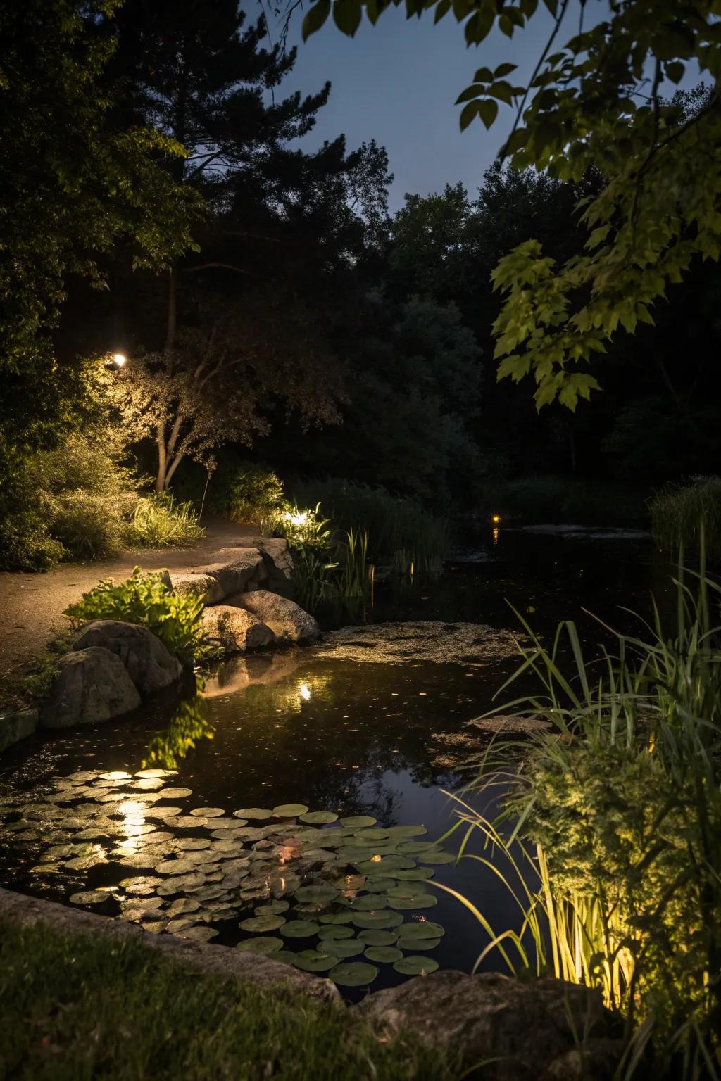 Illumination characteristics accentuate the pond's splendor and fashion a bewitching nocturnal atmosphere.