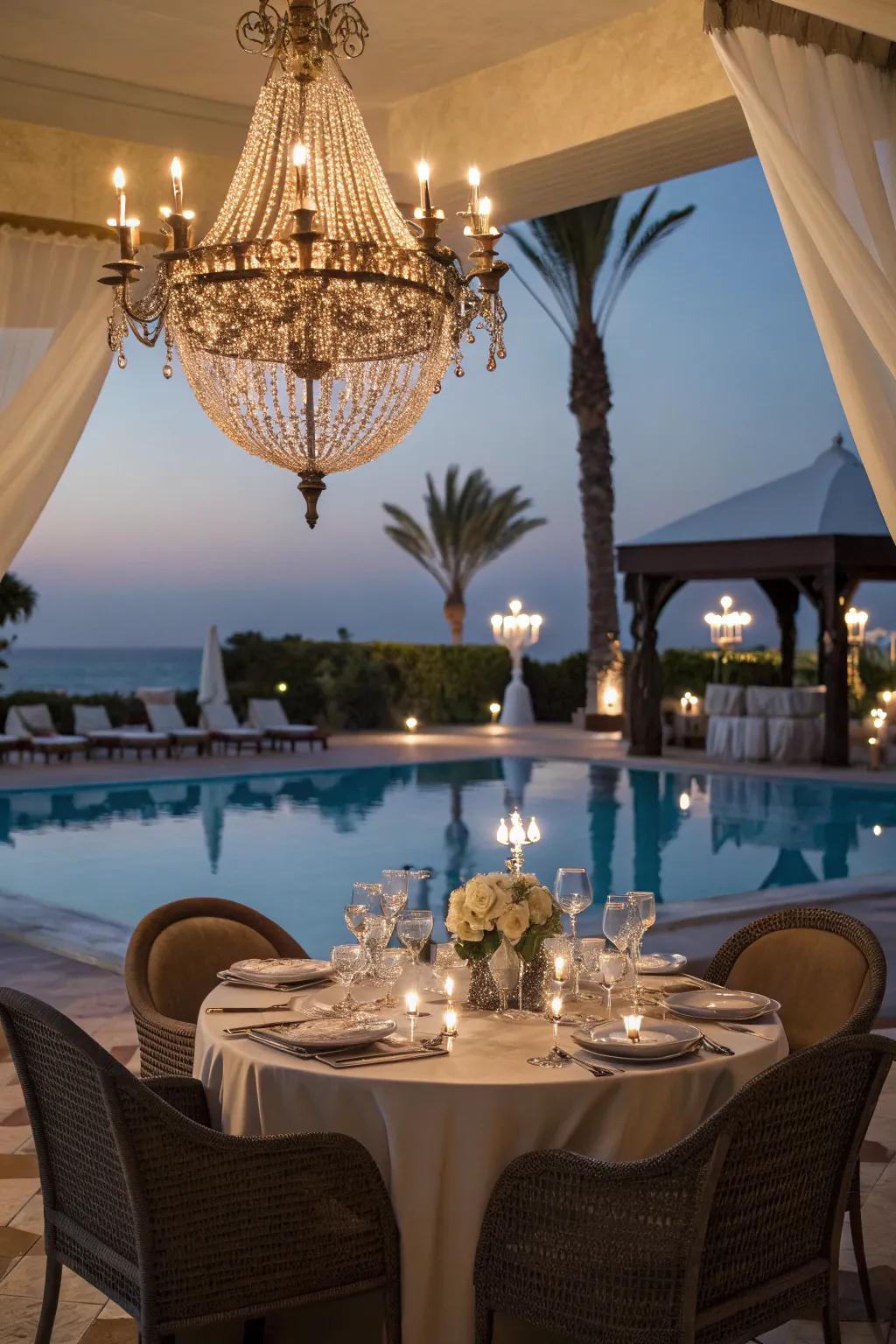 A chandelier adds indoor elegance to your poolside dining space.