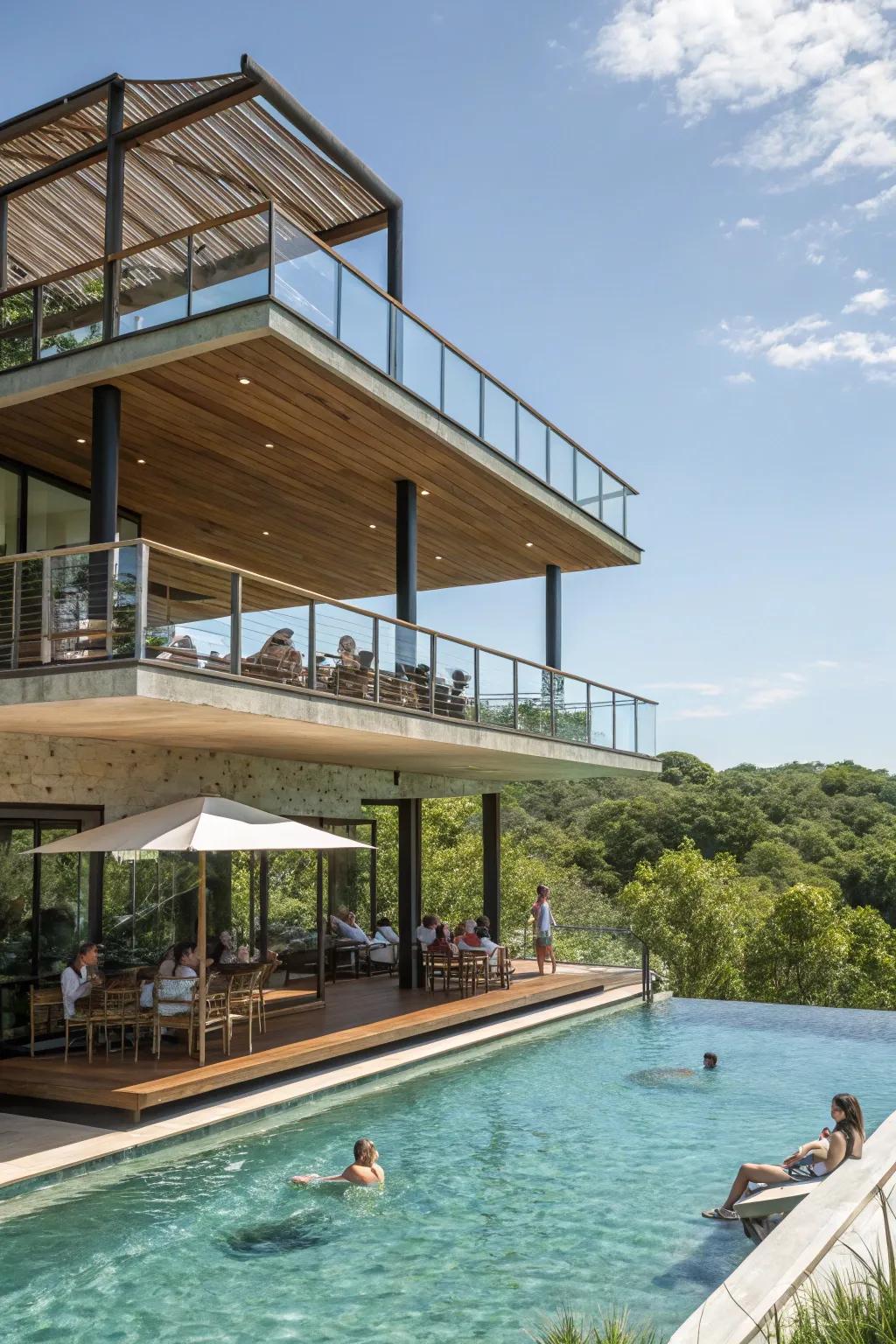 Multi-tiered shelters furnish energetic spaces with both sunlight and shade options.