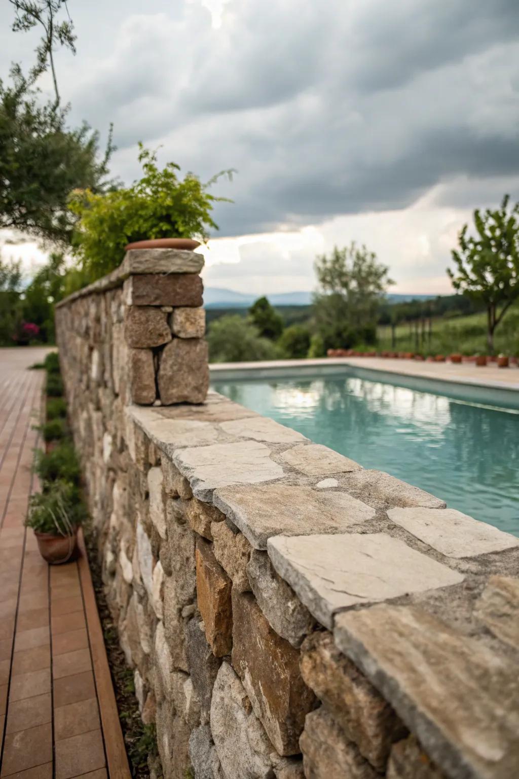 A stone wall extends timeless privacy and charm.