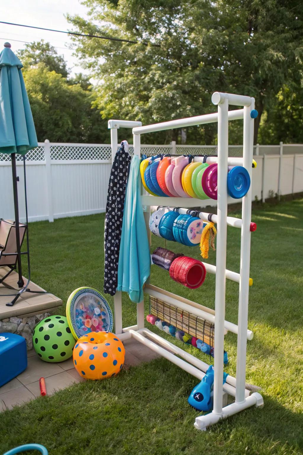 A PVC pipe rack furnishes a resilient storage alternative for pool equipment.