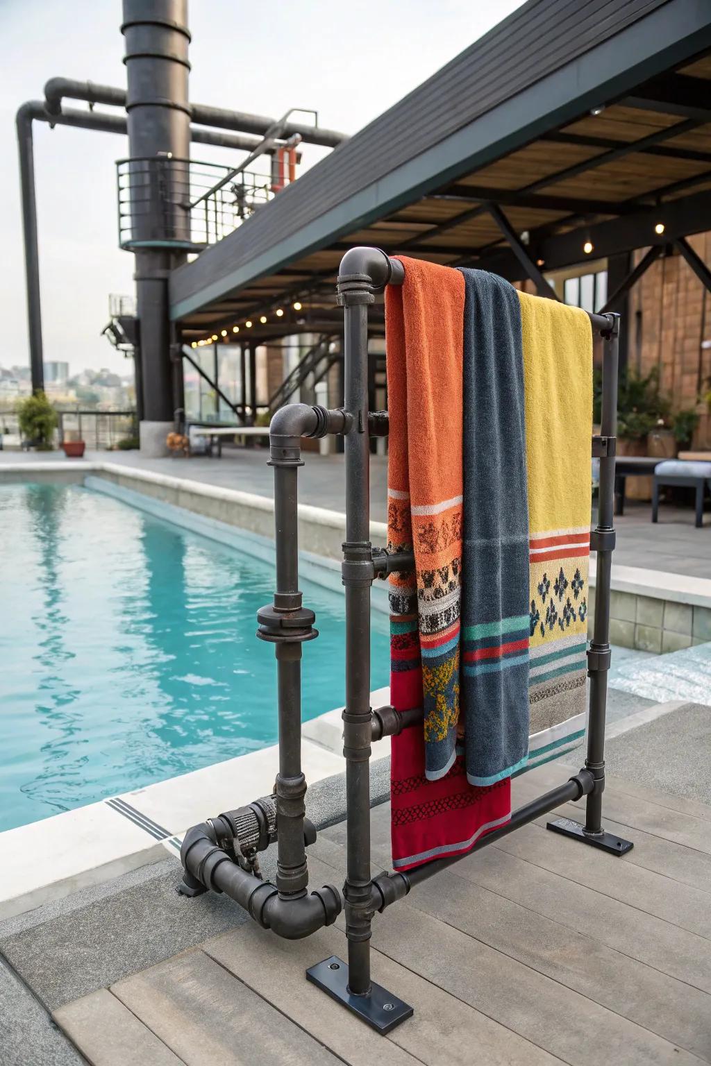 Rugged industrial pipe frame for a cutting-edge poolside visage.