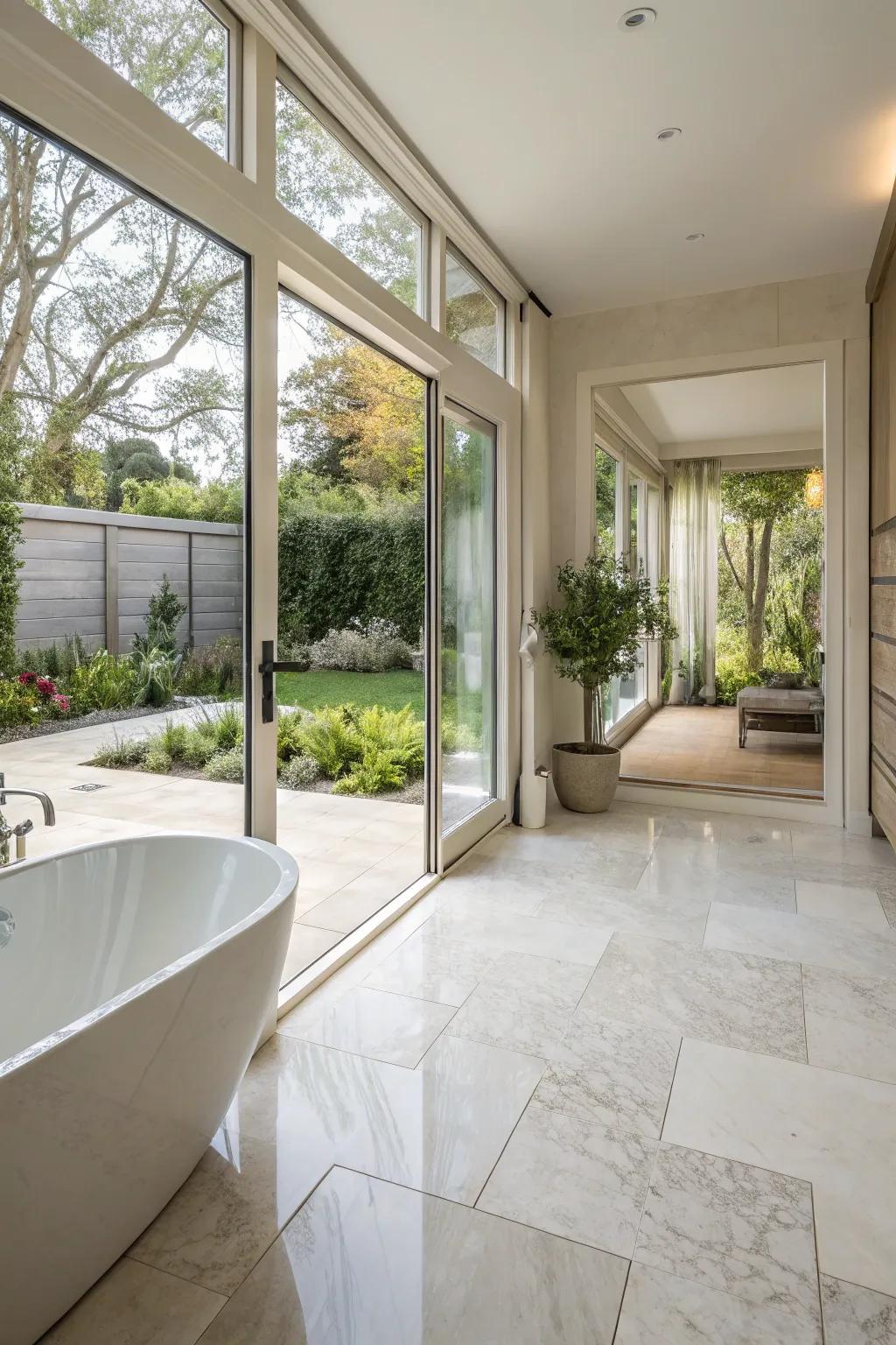 Unblemished interior-exterior shift with ceramic squares expands and interconnects the residence area.