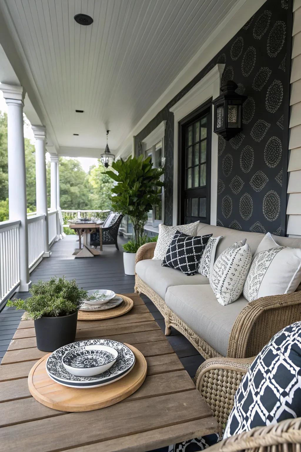 A sophisticated onyx and ivory porch that never goes out of style.