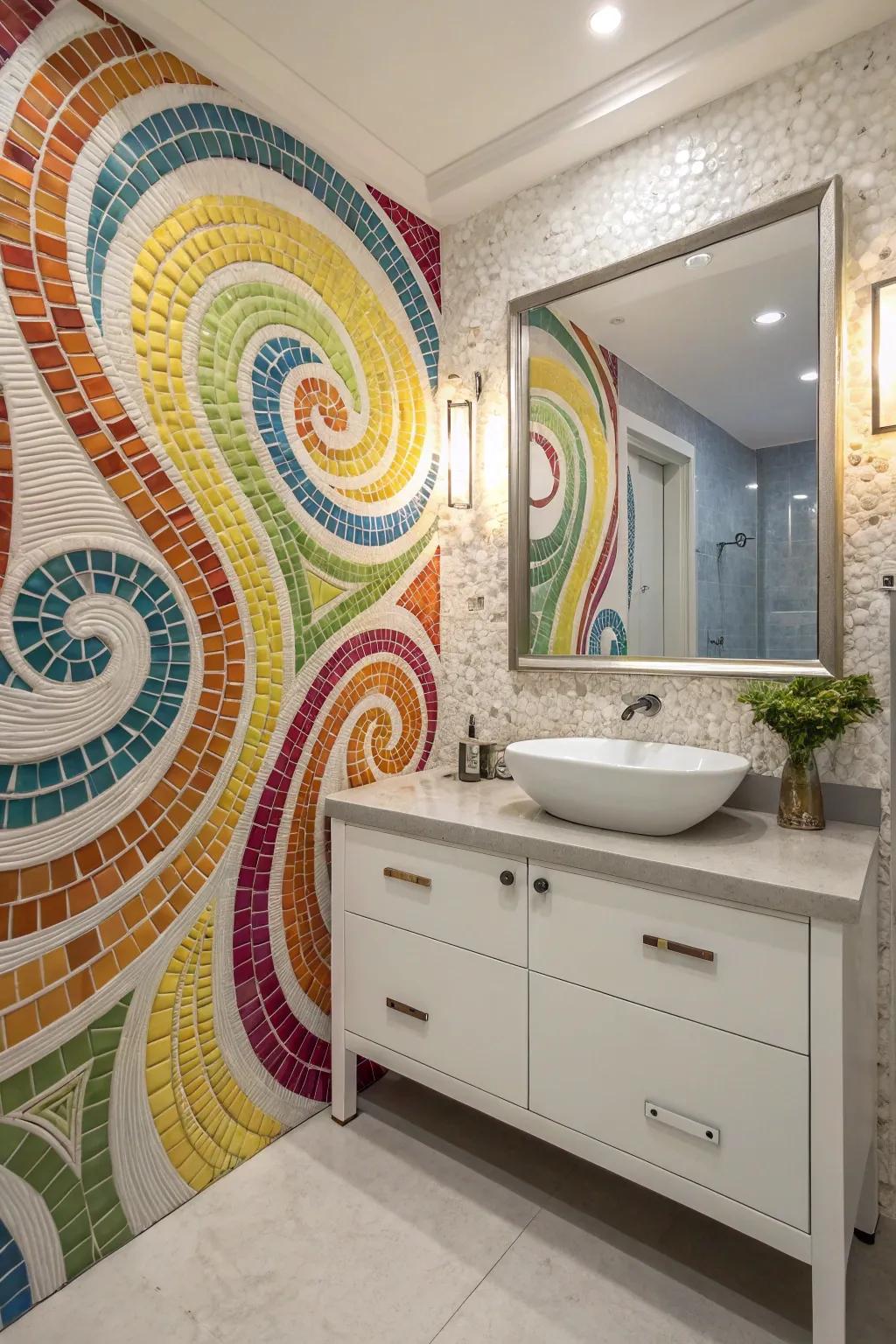 Mosaic tiles conceive a colorful point of convergence.