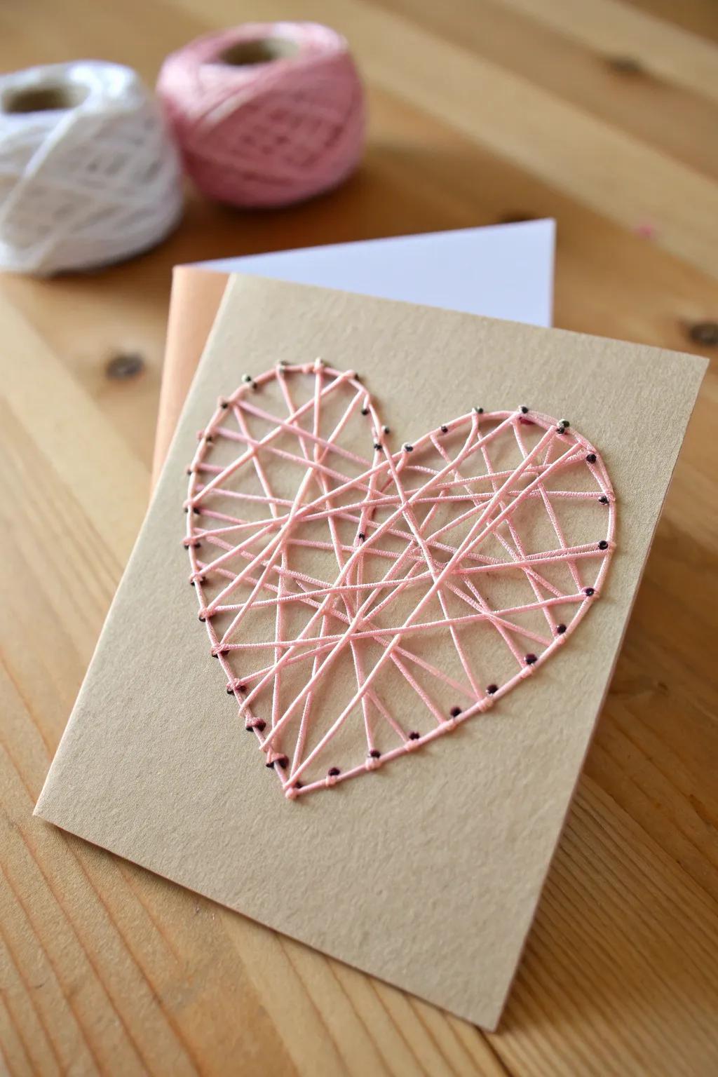 Crafted with love: A minimalist string heart card perfect for Mother's Day, embracing simplicity and natural elegance.