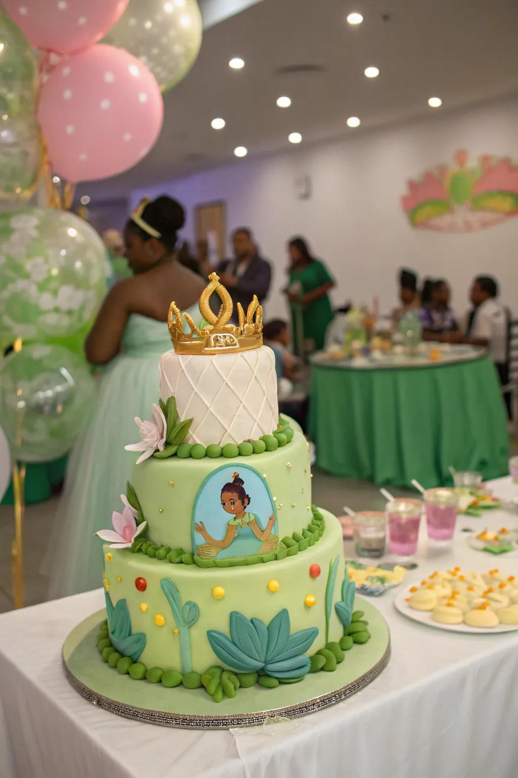A Tiana-themed confection serves as a spectacular central point.