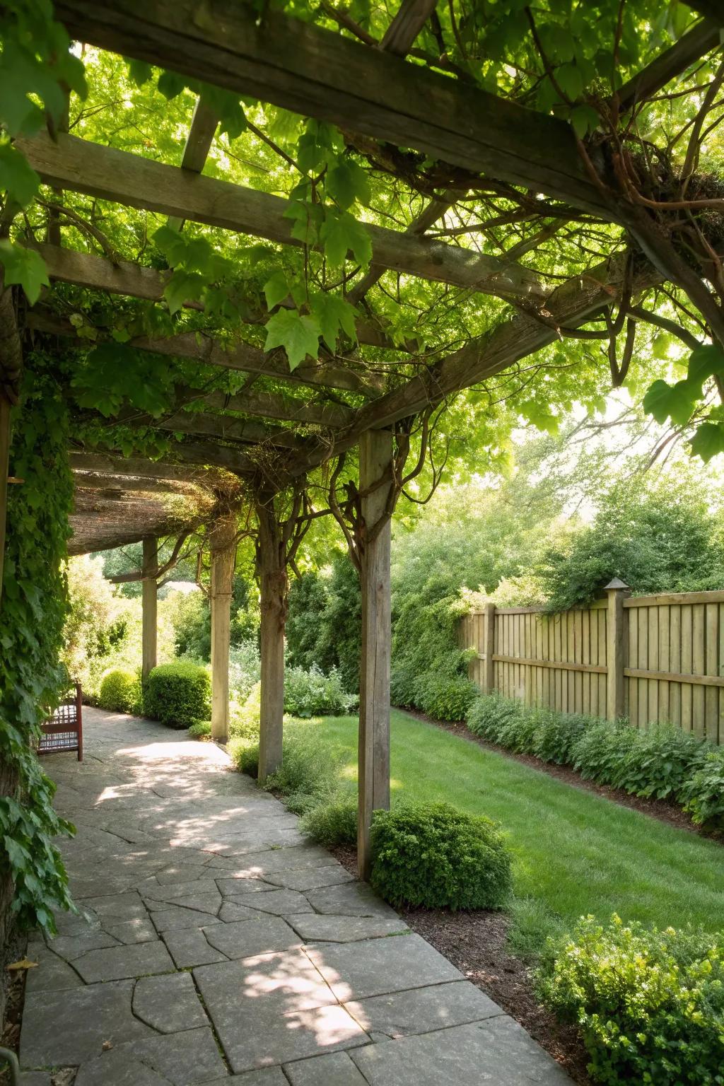 A pergola with climbers fashioning a beautiful and functional property divider.