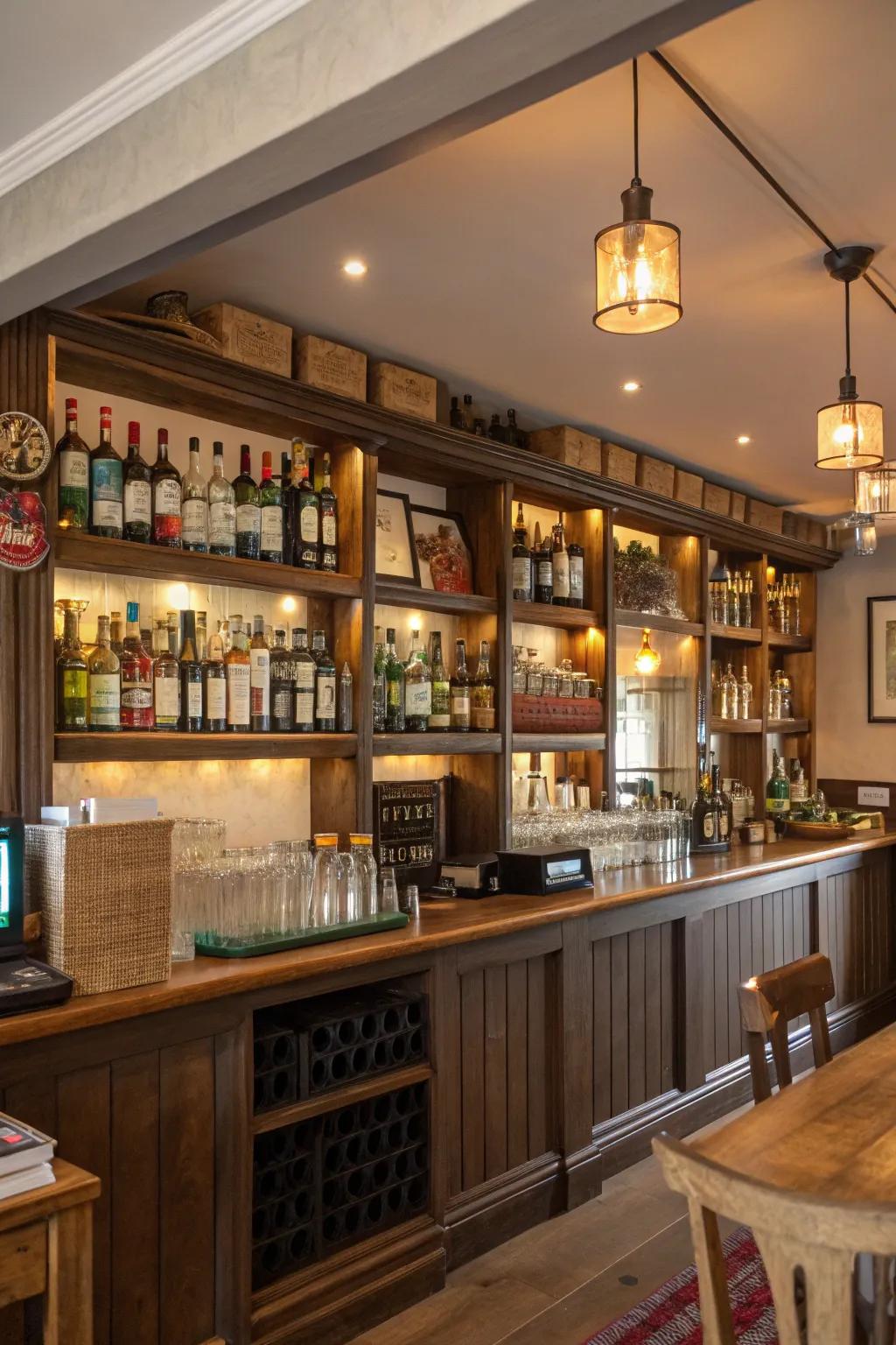 Exposed shelving introduces practicality and panache to your pub setup.