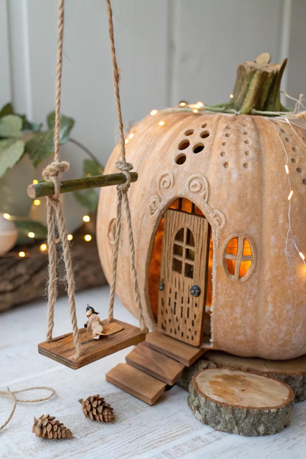 A hint of capriciousness: this diminutive swing contributes playful allure to your gourd pixie residence!