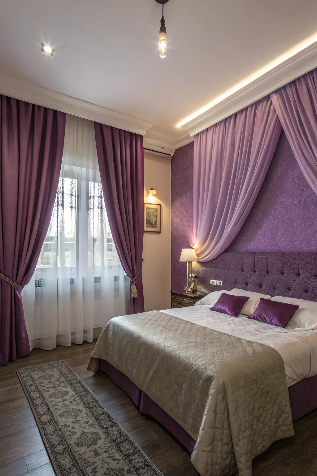 Luxurious drapes add elegance to purple walls.