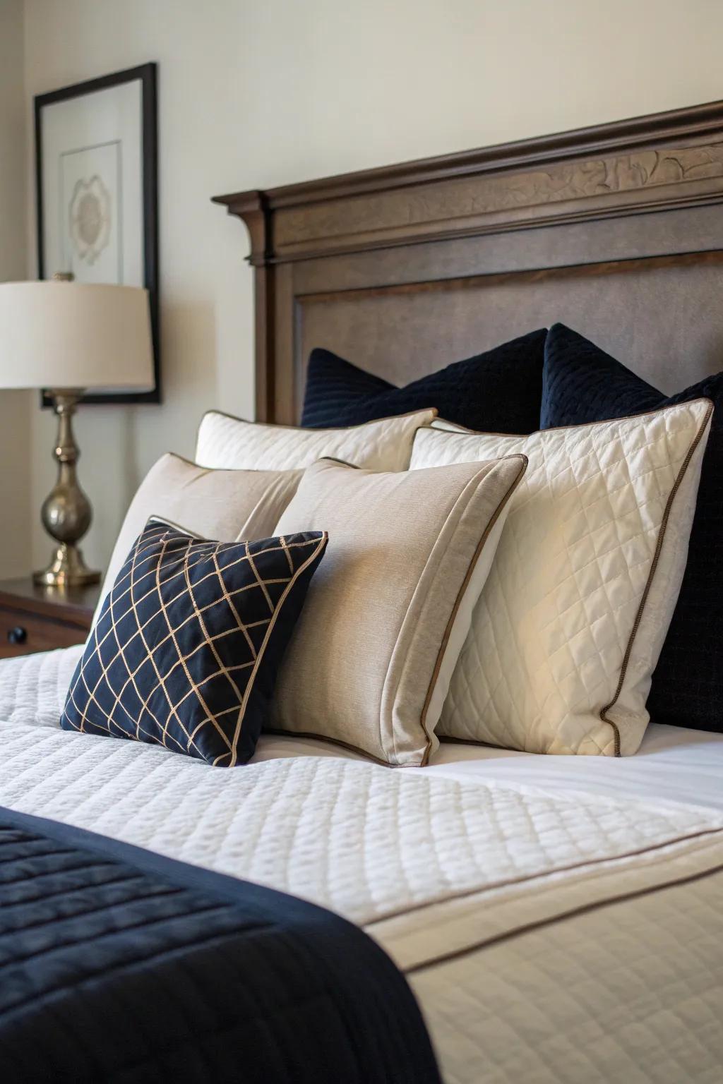 Dark and light pillows establish a timeless, classic contrast.