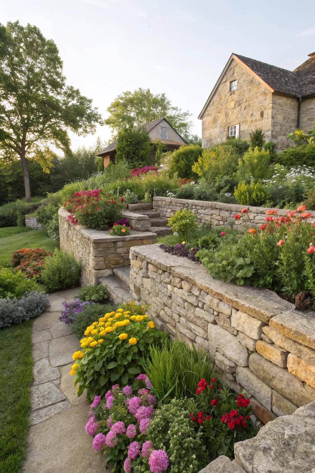 Rustic stone partitions appending charisma and texture to a raised ranch foliage.