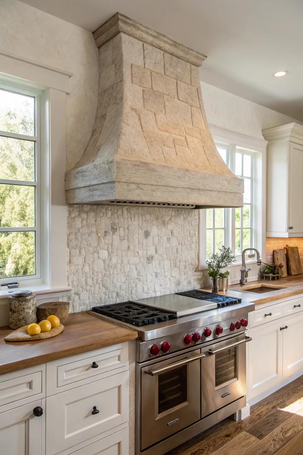 Kitchen design showcasing raw rock vent hood and backsplash for an authentic, enduring appeal.