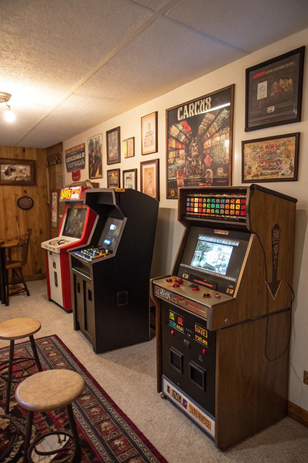 A vintage arcade nook introduces nostalgic charm.