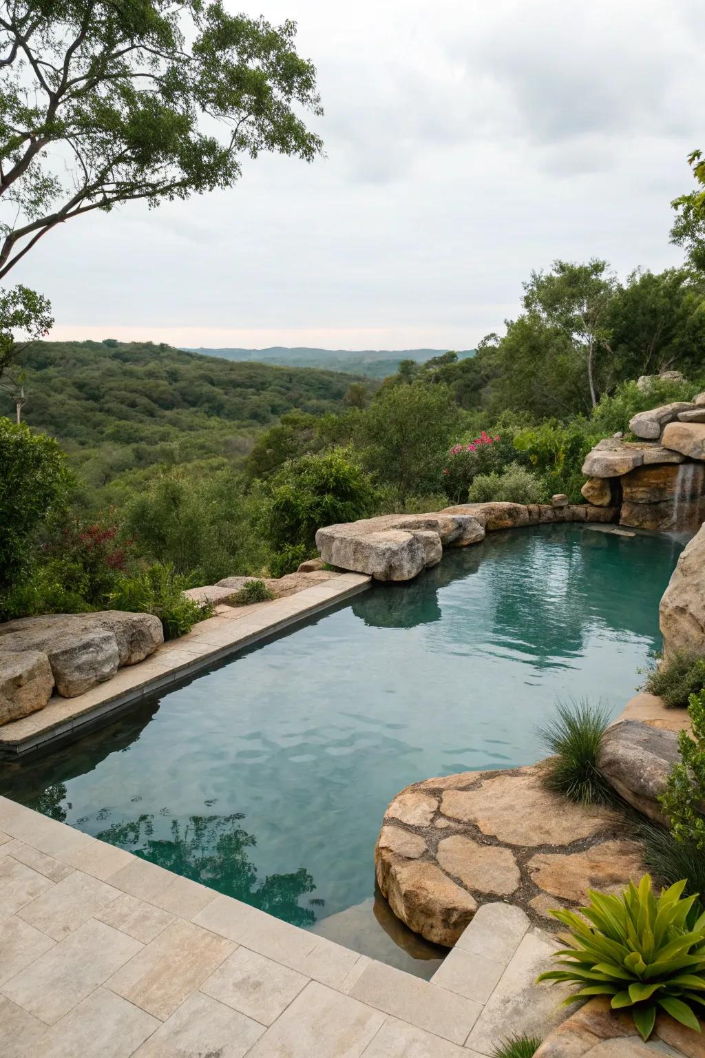 Inherent stone formations append an earthy accent to the pool precinct.