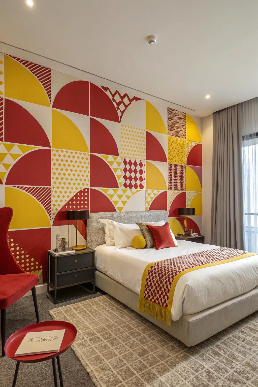 Geometric wall artistry integrates a contemporary and spirited flair to this sleeping quarters.