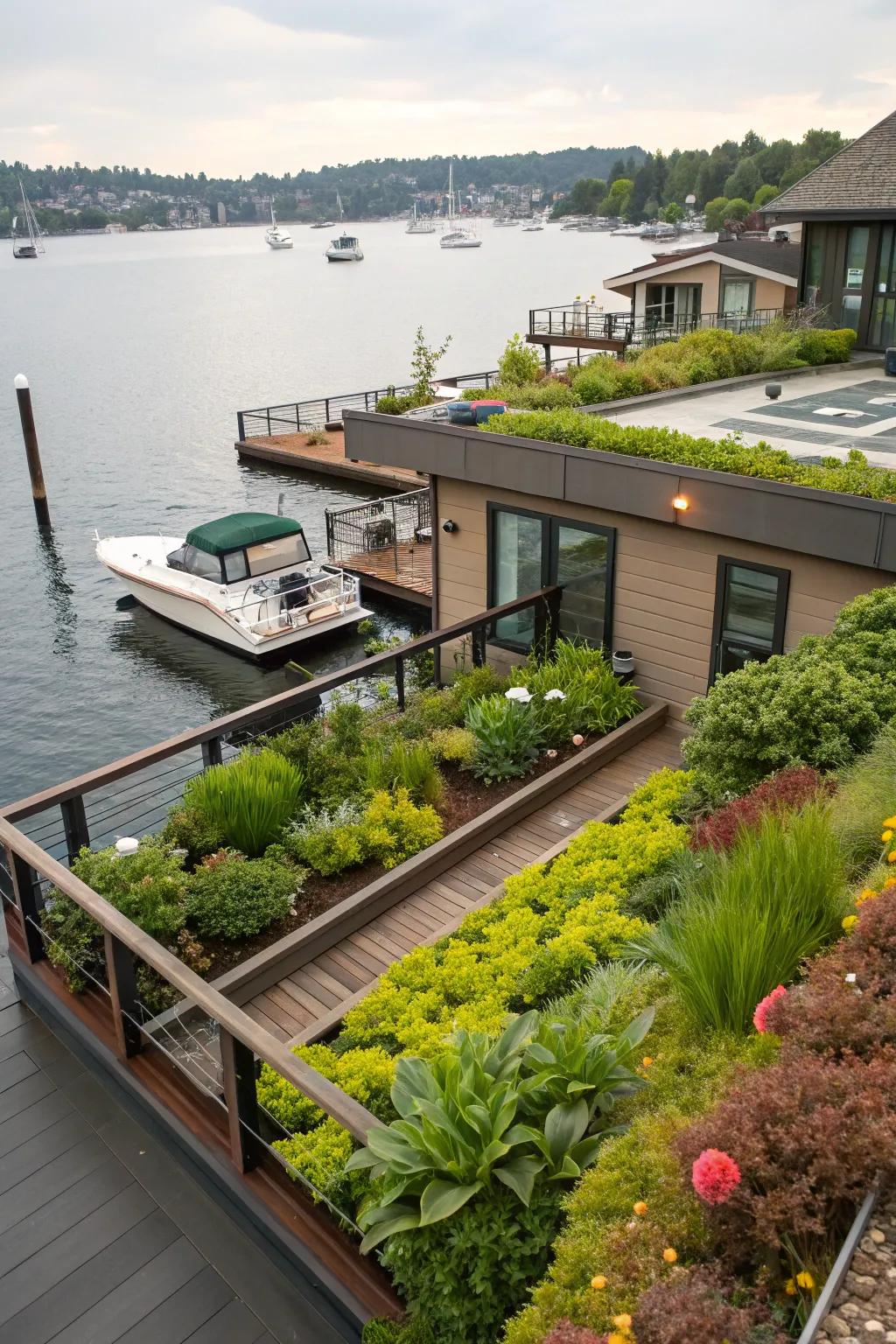 A dock enhanced with a vibrant rooftop garden.