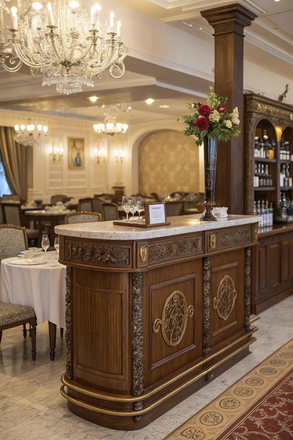 Vintage-inspired blueprints introduce enduring charm to your reception desk.