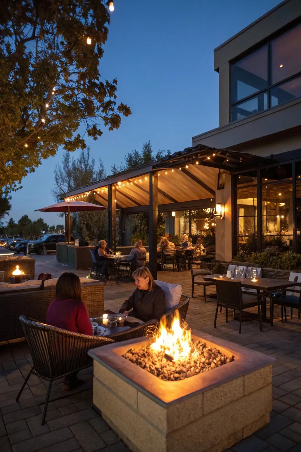 A fire feature brings warmth and ambiance to outdoor gatherings.