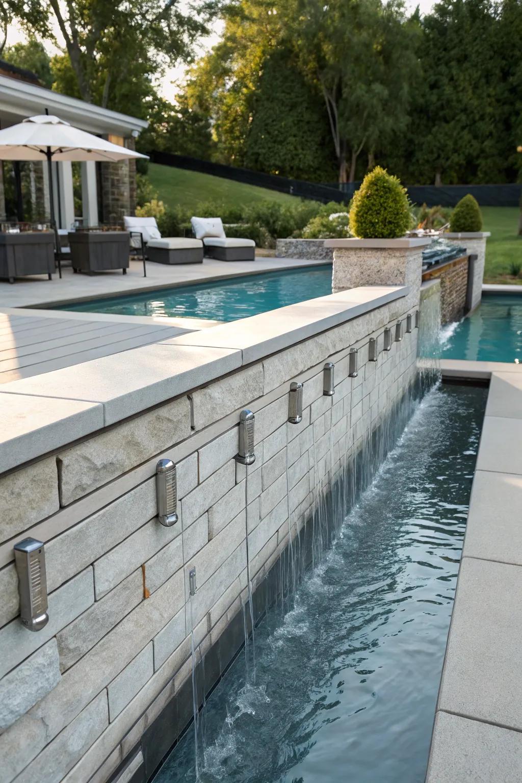 Metallic elements adding industrial glamour to a retaining wall.