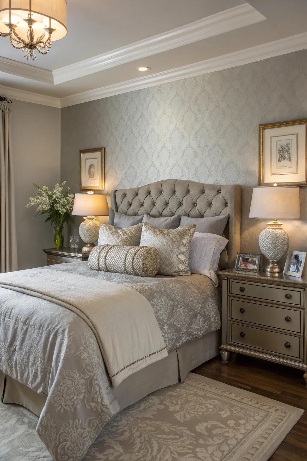 Luxurious bedding complements the soft tones of Willow Gray.