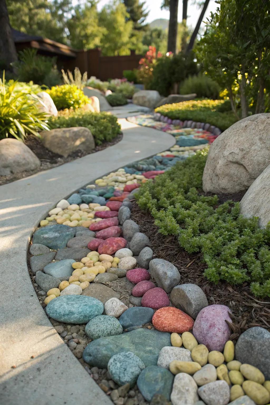 A colorful formation of shoreline stones introduces visual fascination to this garden setting.