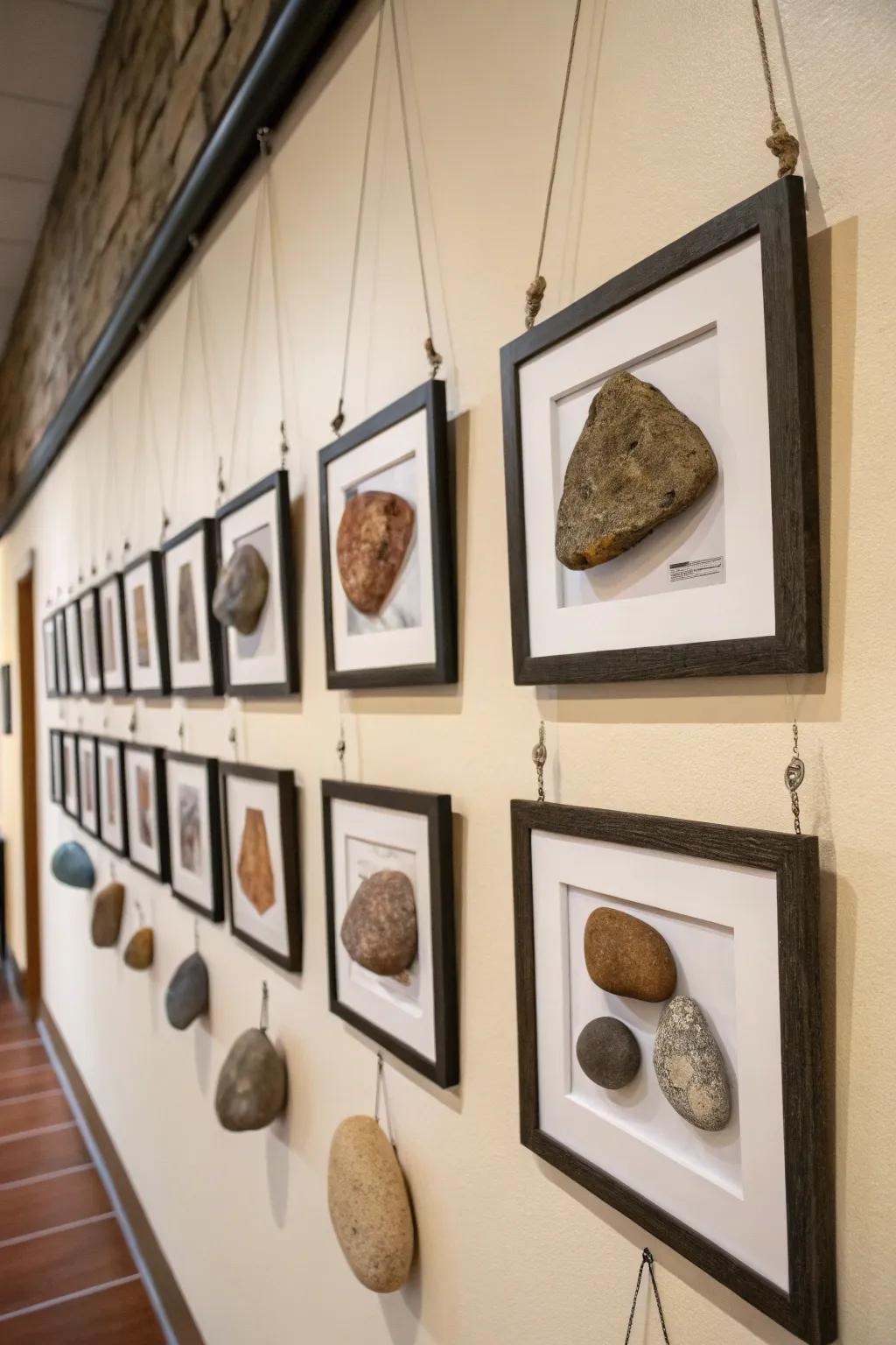 Hanging frames turning rocks into wall art