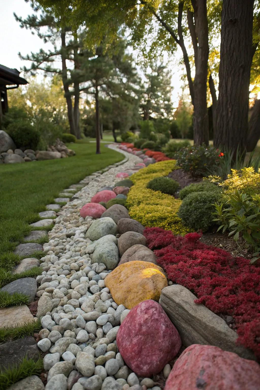 Contrasting boulder hues, rendering a garden's perimeter visually stunning.