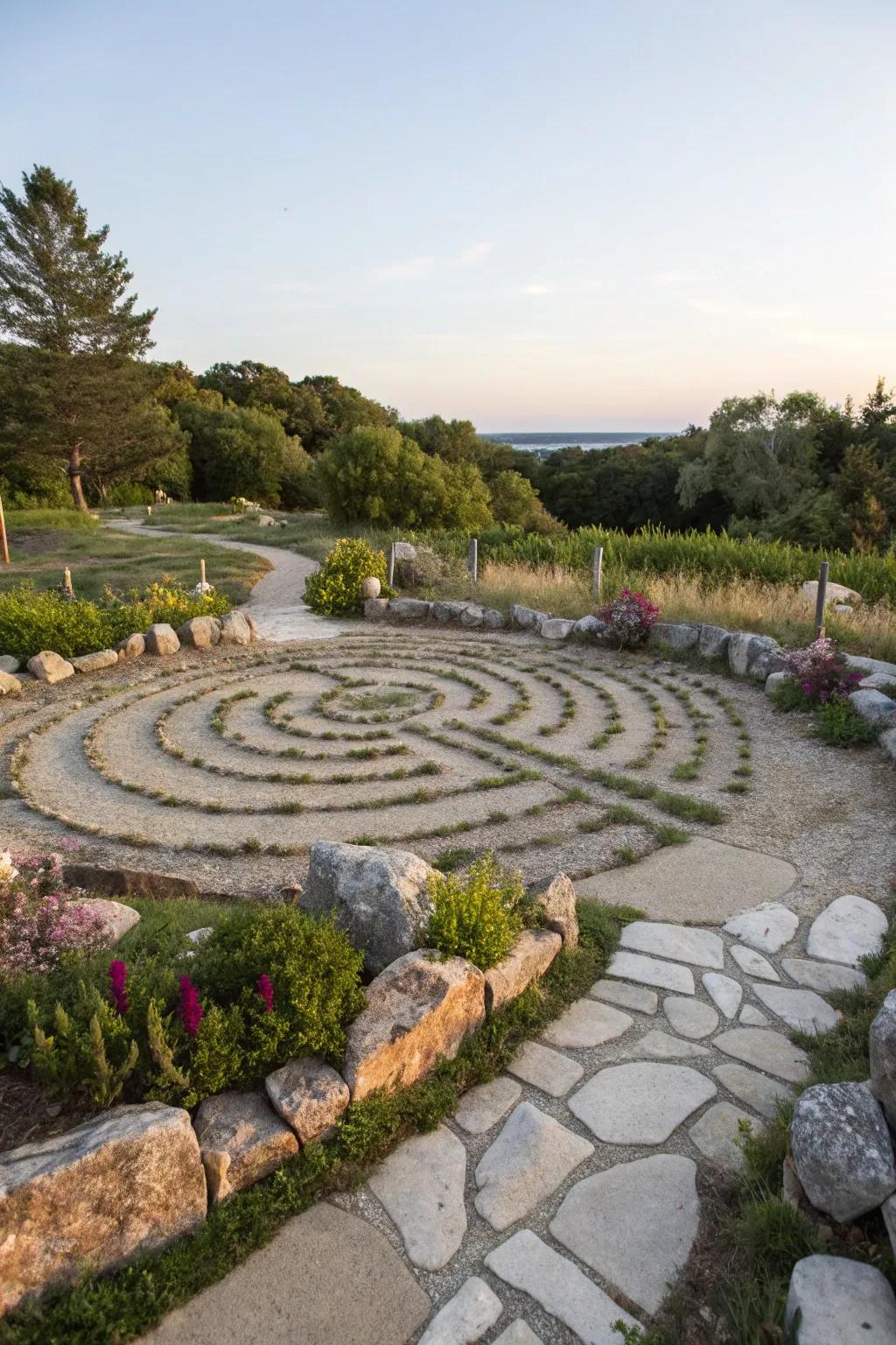 An intricate stone maze presenting a peaceful garden breakaway.