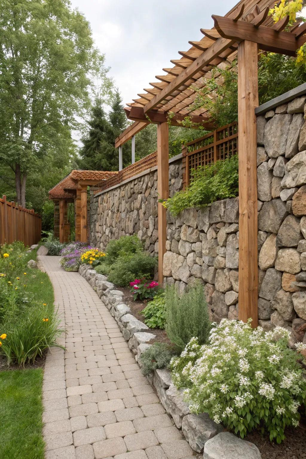 Assorted mediums such as timber and stone cultivate an eclectic garden allure.