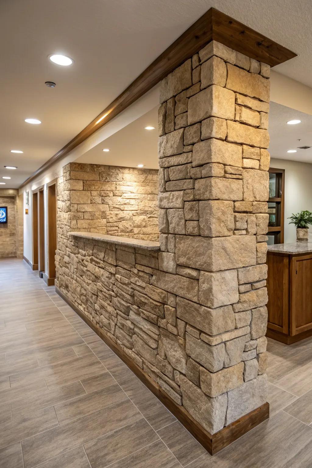 An interior space showcasing a textured stone partition wall, enhancing depth and visual appeal.